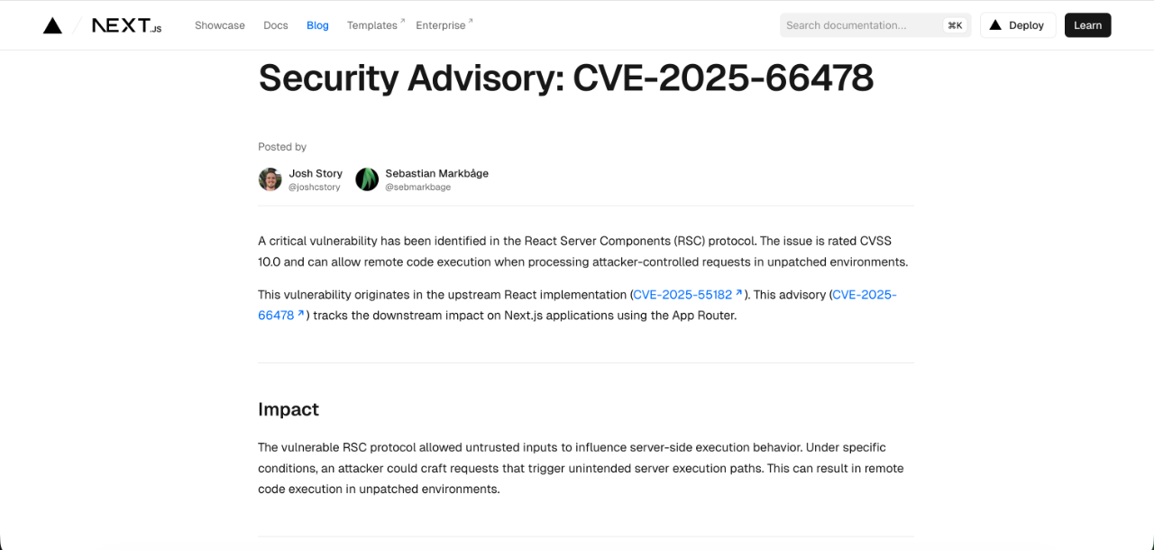 Next.js 爆出高危漏洞 CVE-2025-66478，建议立即排查升级！